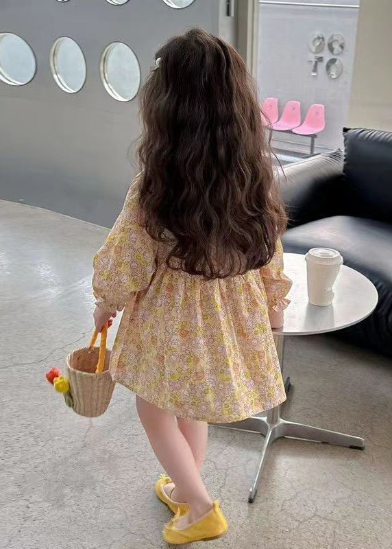 Yellow O-neck Print Mid Dress Long Sleeve