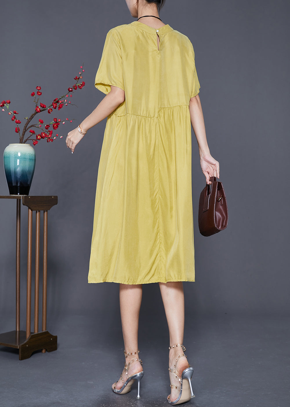 Yellow Oversized Patchwork Wrinkled Silk Dresses Summer