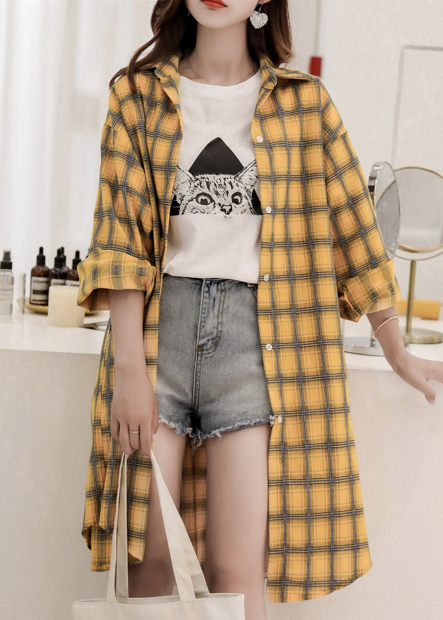Casual Yellow Peter Pan Collar Plaid Button Long Shirt Spring