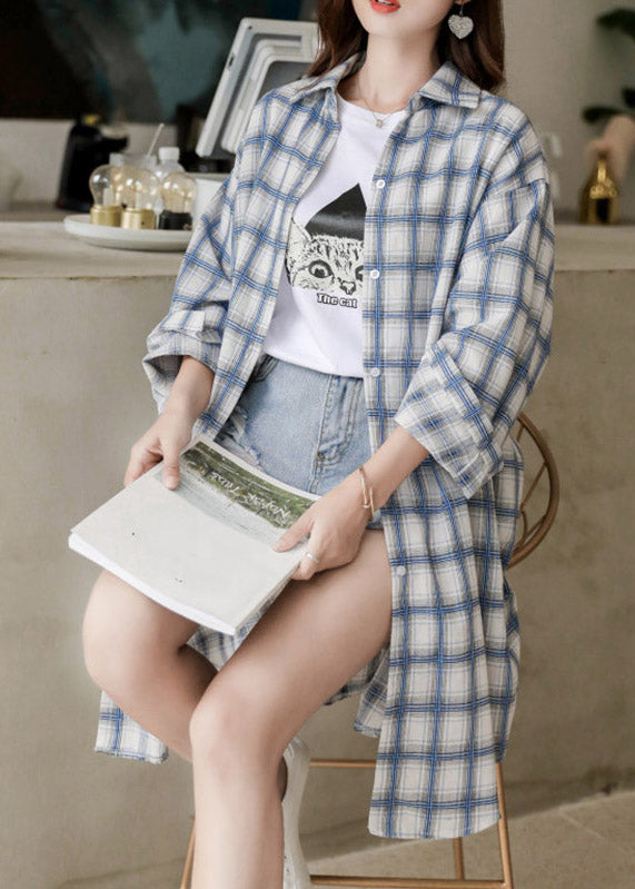 Casual Yellow Peter Pan Collar Plaid Button Long Shirt Spring