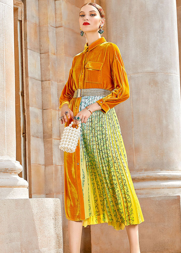 Yellow Peter Pan Collar Print Patchwork Button Silk Velour Maxi Dress Long Sleeve