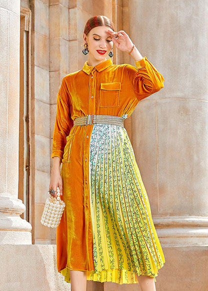 Yellow Peter Pan Collar Print Patchwork Button Silk Velour Maxi Dress Long Sleeve