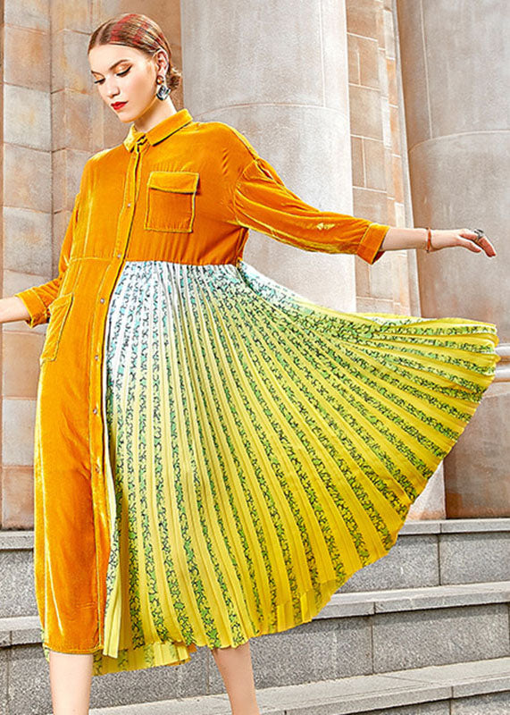 Yellow Peter Pan Collar Print Patchwork Button Silk Velour Maxi Dress Long Sleeve