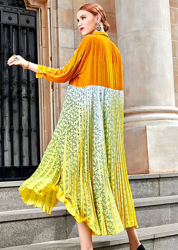 Yellow Peter Pan Collar Print Patchwork Button Silk Velour Maxi Dress Long Sleeve