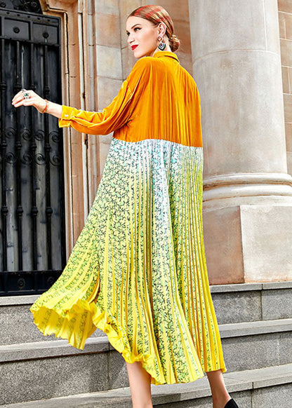 Yellow Peter Pan Collar Print Patchwork Button Silk Velour Maxi Dress Long Sleeve