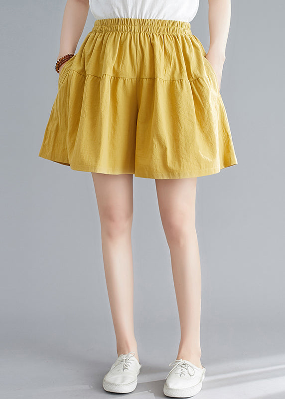 Yellow Pockets Elastic Waist Cotton Shorts Summer