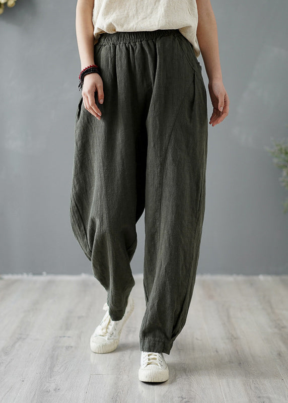 Yellow Pockets Elastic Waist Linen Pants Spring