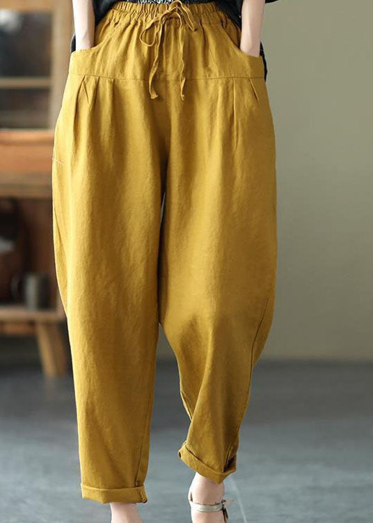 Yellow Pockets Patchwork Elastic Waist Linen Pants Summer