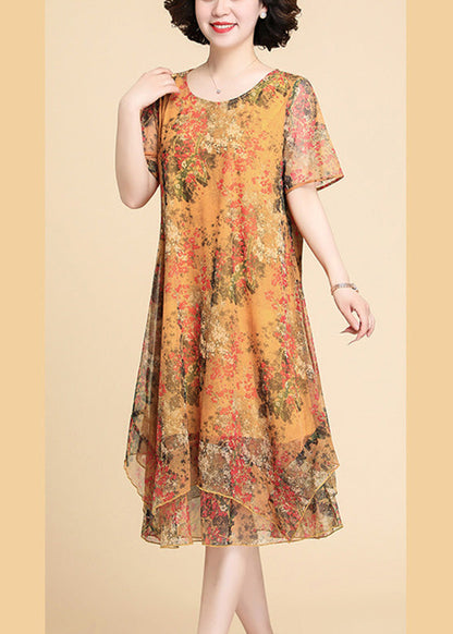 Yellow Print Chiffon Maxi Dress Summer