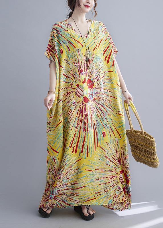 Yellow Print Cotton V Neck Oversize Summer Dress