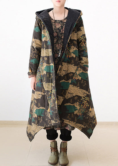 Yellow Print Warm Thick Hooded Long Parka Coats Winter