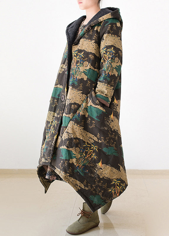 Yellow Print Warm Thick Hooded Long Parka Coats Winter
