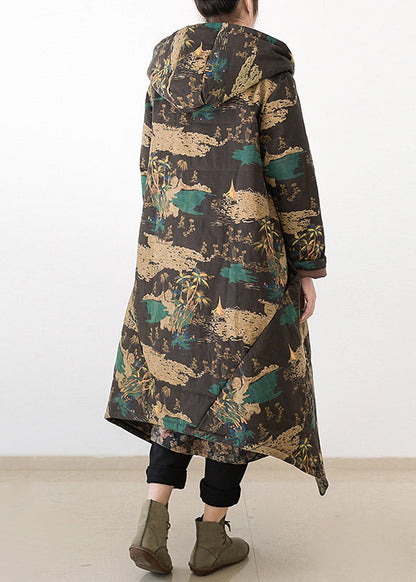 Yellow Print Warm Thick Hooded Long Parka Coats Winter