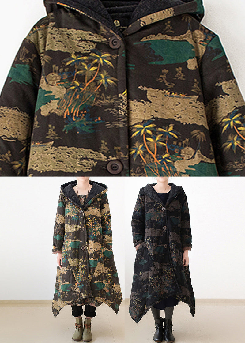 Yellow Print Warm Thick Hooded Long Parka Coats Winter