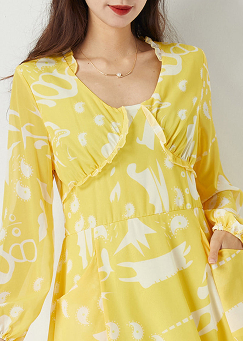 Yellow Ruffled Cinched Print Chiffon Dress Summer