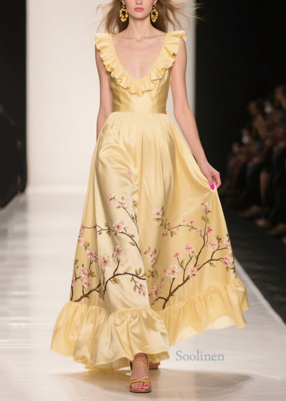 Yellow Ruffles Print Silk Vestidos Dress Summer