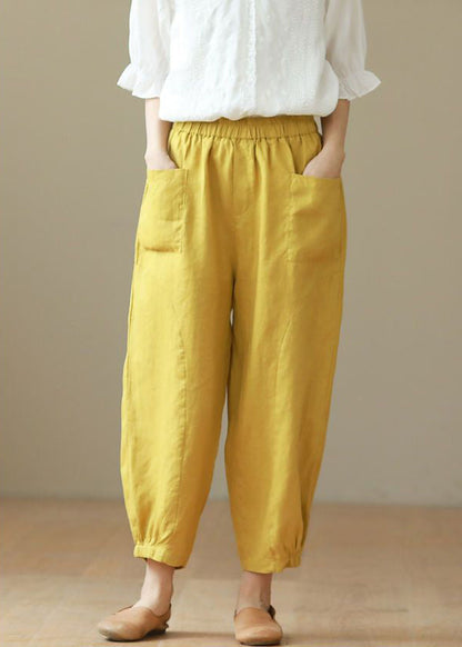 Yellow Elastic Waist Cotton Harem Pants Summer