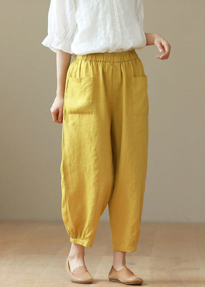 Yellow Elastic Waist Cotton Harem Pants Summer