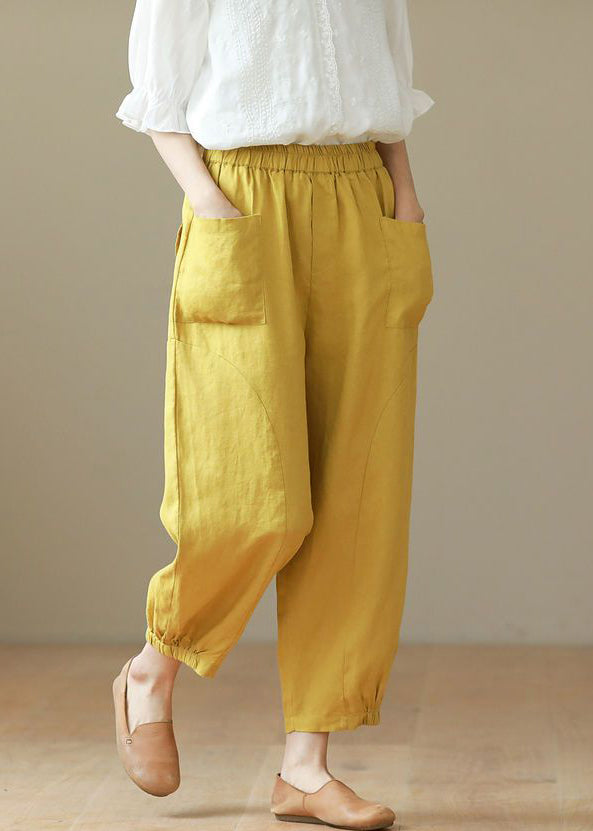 Yellow Elastic Waist Cotton Harem Pants Summer