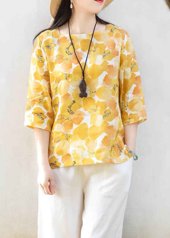 Yellow Square Collar Print Linen T Shirts Top Summer