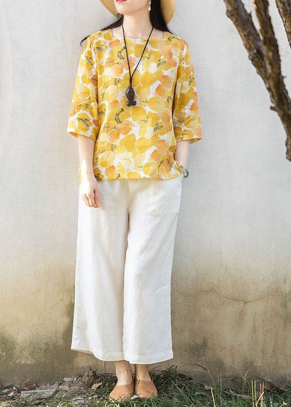 Yellow Square Collar Print Linen T Shirts Top Summer