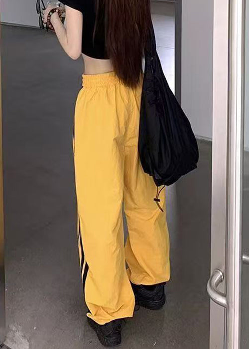 Yellow Striped Elastic Waist Cotton Pants Spring