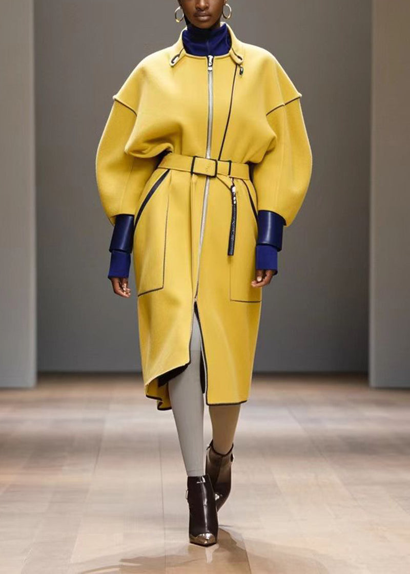 Yellow Tie Waist Patchwork Woolen Trench Batwing Sleeve