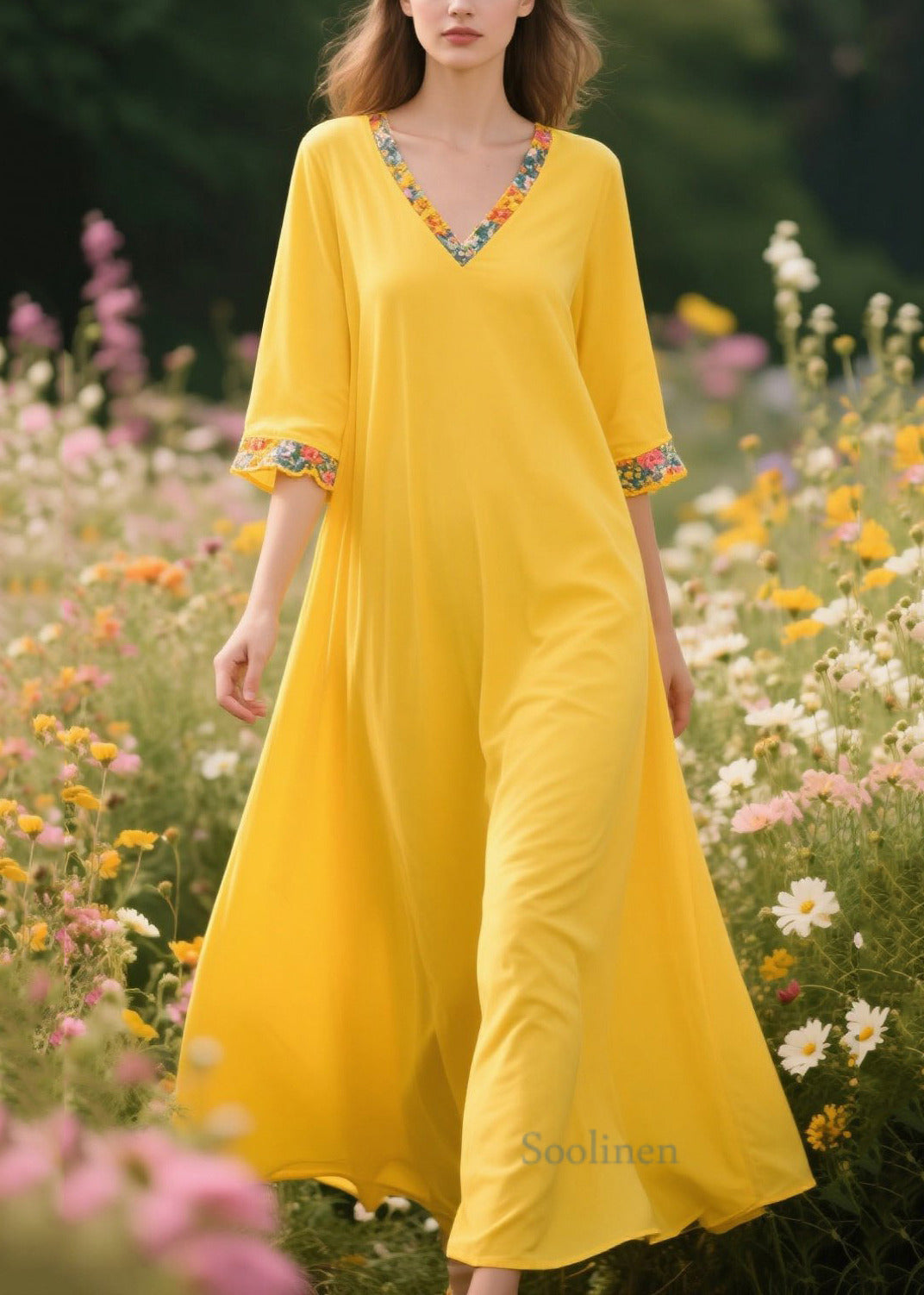 Yellow V Neck Patchwork Cotton a Line Dress Summer