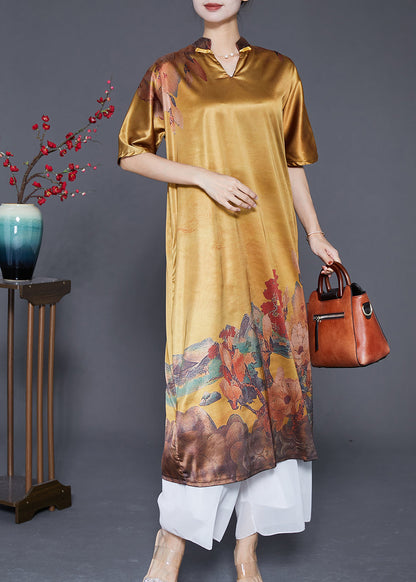 Yellow V Neck Print Silk Party Dress Summer