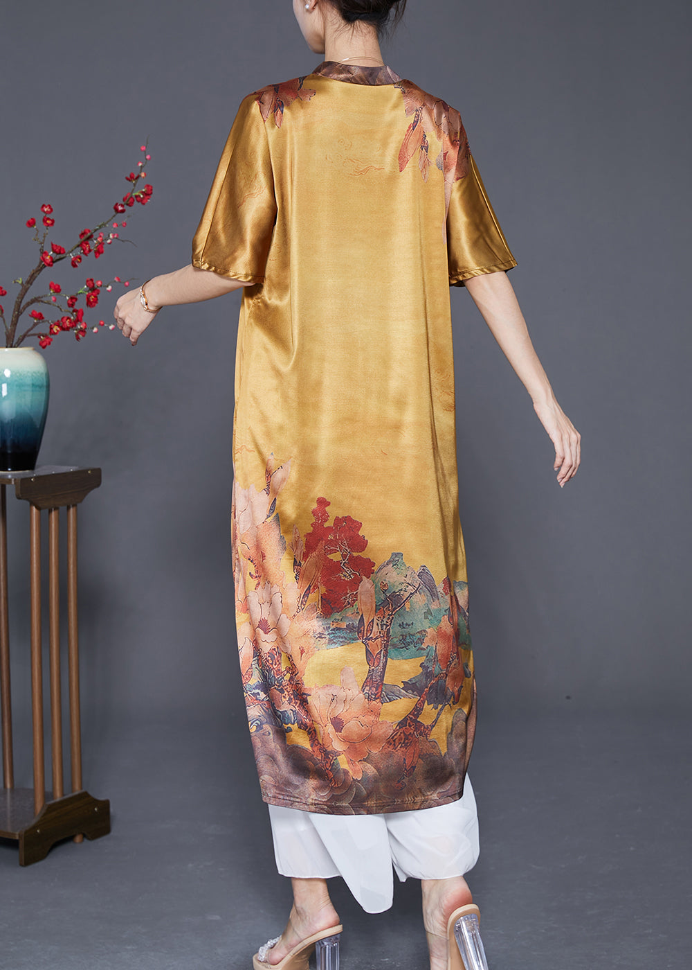 Yellow V Neck Print Silk Party Dress Summer