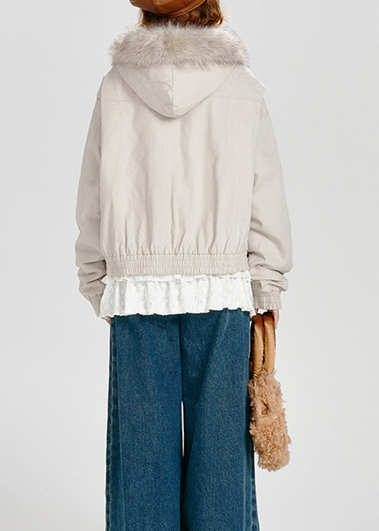 Zip Up Fuzzy Fur Patchwork Fine Cotton Filled Hooded Jacket Winter