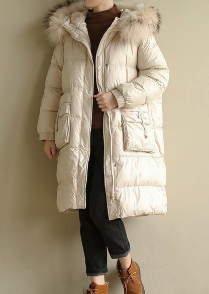 Beige Warm Winter Coat Oversize Hooded Winter Jacket Faux Fur Collar New Winter Outwear
