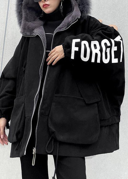 Black Letter Coats Snow Jackets Faux Fur Collar Pockets Coats