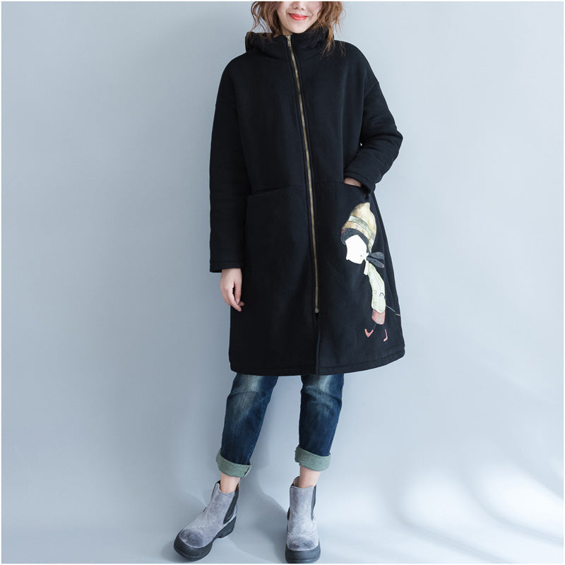 Black Parkas for Hooded Jackets & Coats Warm Prints Overcoat