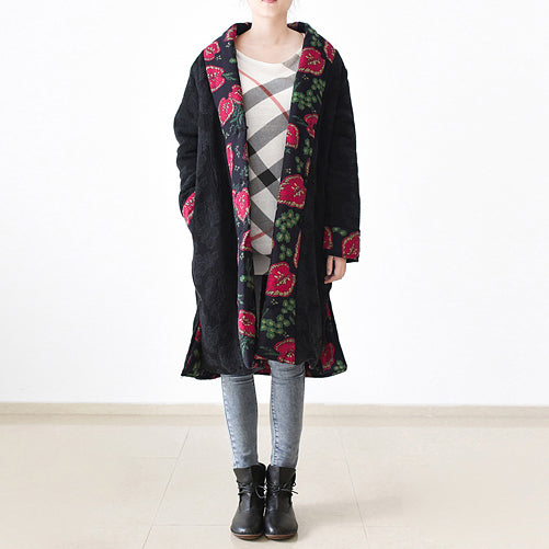 Black Print Puffers Jackets Loose Fitting Patchwork Down Jacket Side Open Overcoat