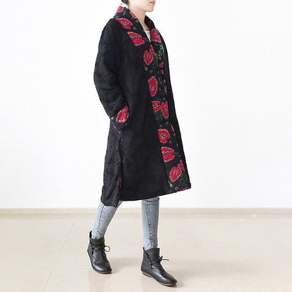 Black Print Puffers Jackets Loose Fitting Patchwork Down Jacket Side Open Overcoat