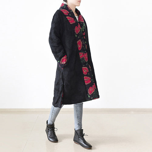 Black Print Puffers Jackets Loose Fitting Patchwork Down Jacket Side Open Overcoat