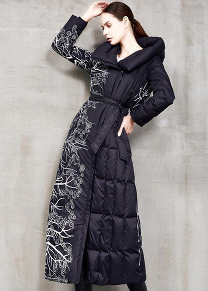 Black Prints Down Jacket Woman Oversize Hooded Winter Jacket Tie Waist New Winter Outwear