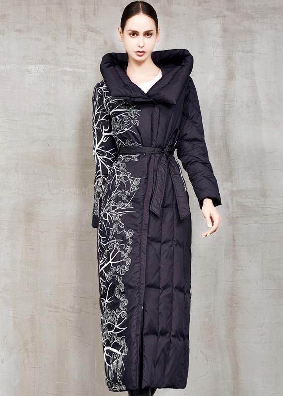 Black Prints Down Jacket Woman Oversize Hooded Winter Jacket Tie Waist New Winter Outwear