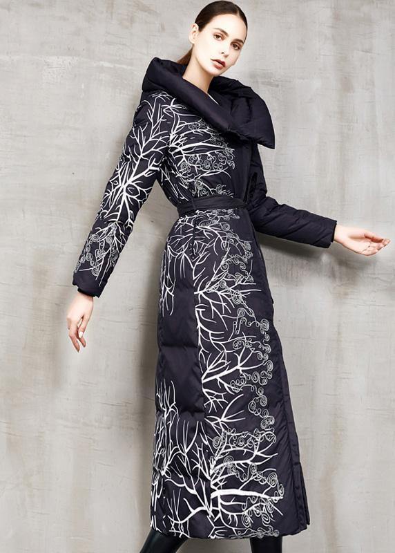 Black Prints Down Jacket Woman Oversize Hooded Winter Jacket Tie Waist New Winter Outwear
