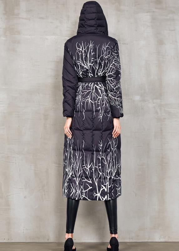 Black Prints Down Jacket Woman Oversize Hooded Winter Jacket Tie Waist New Winter Outwear