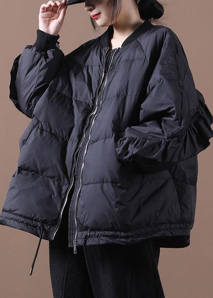 Black Warm Winter Coat Oversize Winter Jacket Stand Collar Ruffles Jackets