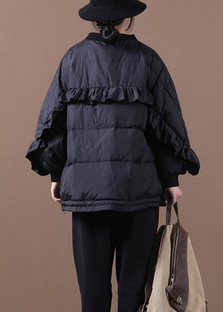 Black Warm Winter Coat Oversize Winter Jacket Stand Collar Ruffles Jackets