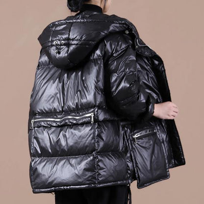 Black Warm Winter Coat Clothing Down Jacket Hooded Zippered Overcoat