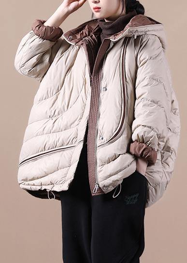 Down Jacket Overcoat Khaki Hooded Pockets Down Cotton Coat