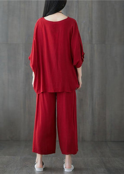 Cotton Blended Batwing Sleeve Pullover Tops and Elastic Waist Pants Red Two Pieces