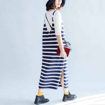 Fall Blue White Striped Knit Dresses Sleeveless Sweater Dress