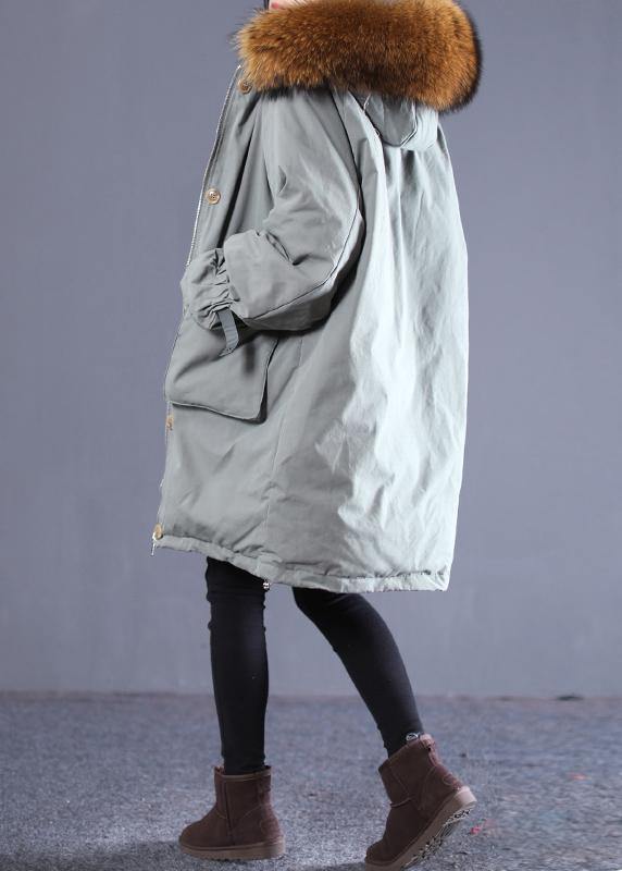 Gray Green Duck Down Coat Oversize Down Jacket Winter Hooded Zippered Flare Sleeve Fur Collar Outwear
