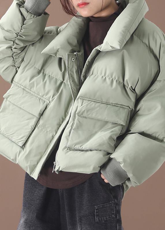 Green Down Coat Winter Down Jacket Two Pocketsstand Collar Jackets