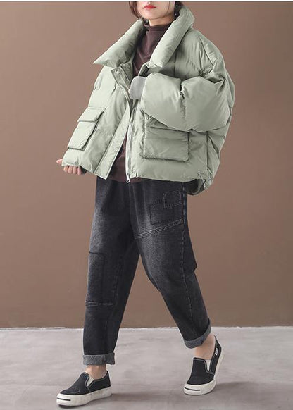 Green Down Coat Winter Down Jacket Two Pocketsstand Collar Jackets